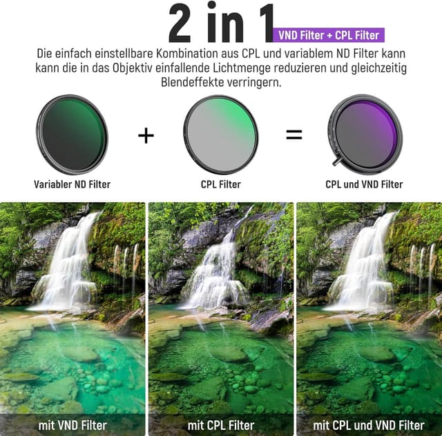 Detalle de NEEWER 62mm True Colors variabler ND2–ND32 & CPL Hybridfilter (ND/CPL, Aluminiumrahmen)