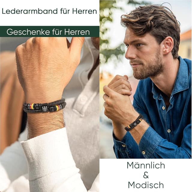 Detalle 2 de Deutschland Adler Herrenarmband mit Edelstahl-Anhänger & Lasergravur, Lederband (21/23/25 cm), schwarz