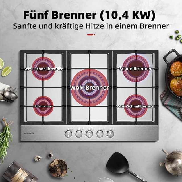 Detalle de GASLAND GH2705SS1FC 76 cm Einbau-Gaskochfeld aus Edelstahl mit 5 Brennern (Wok-Brenner, 10.400 Watt)