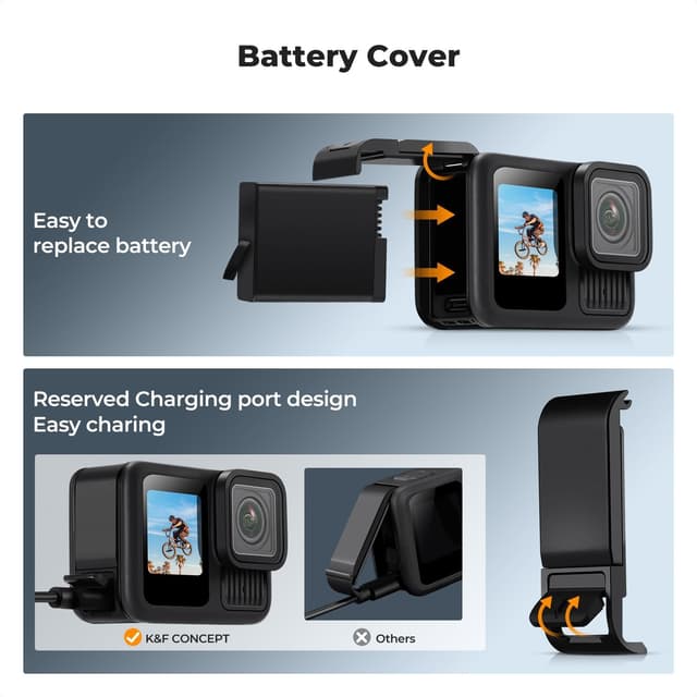 Detalle de K&F CONCEPT Silicone Sleeve Case Kit for GoPro Hero 13 Black (battery side cover, lens caps, screen protectors & lanyard)