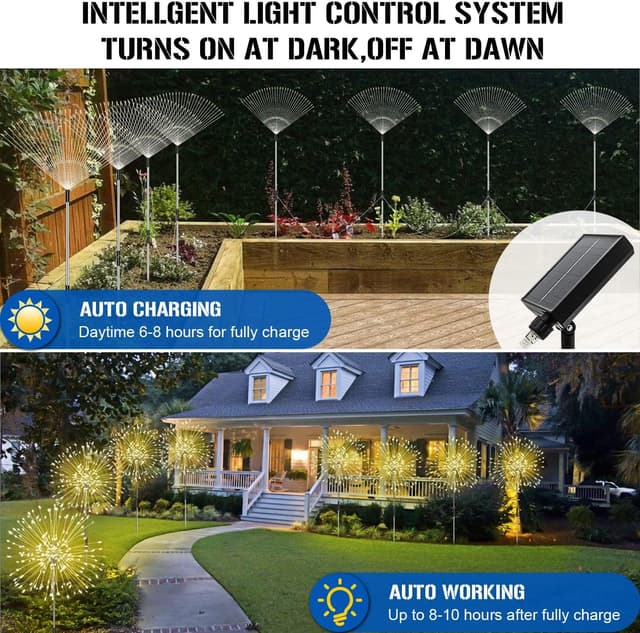 Detalle 2 de Solar Feuerwerk Gartenlichter mit 120 LED (4er-Set) – Solarstecker für Terrasse, Wege & Rasen