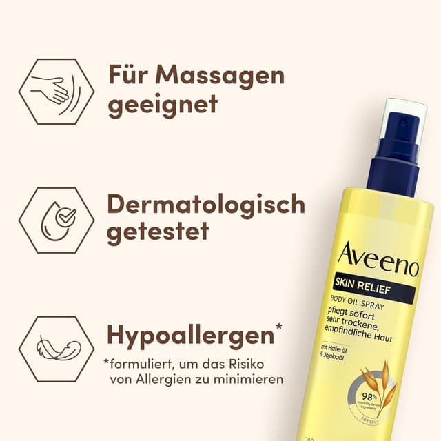 Detalle de Aveeno Skin Relief Körperöl-Spray mit Haferöl und Jojobaöl – Feuchtigkeit für sehr trockene, empfindliche Haut