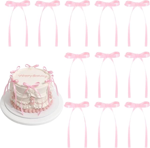 Detalle de 30-Pack Pink Bow Cake Toppers with Ribbons for Coquette-Themed Cakes & Cupcakes