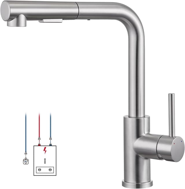 Detalle de WOOHSE Niederdruck Küchenarmatur mit ausziehbarer Brause, 2 Modi und 360° Drehung aus Edelstahl (gebürstet)