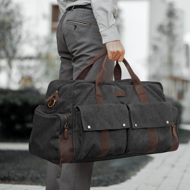 Detalle de S-Zone Unisex 56L Canvas Duffle Bag with Leather Trim – 2–4 Day Carry-On Weekender