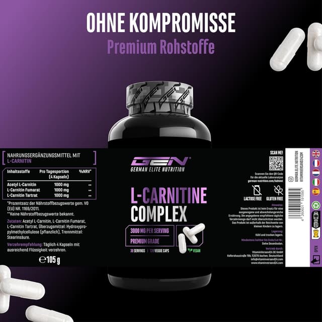 Detalle 2 de L-Carnitin Triple Komplex – 3.000 mg pro Tagesportion (4 Kapseln), vegan, 120 Kapseln