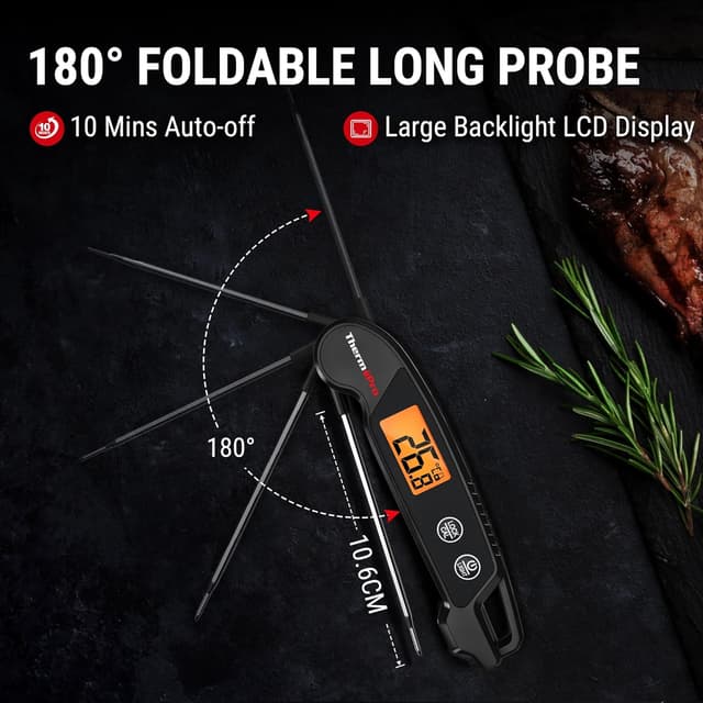 Detalle de ThermoPro TP603B digitales Fleischthermometer für Grill & Küche mit faltbarer Sonde, wasserdicht (IPX6)