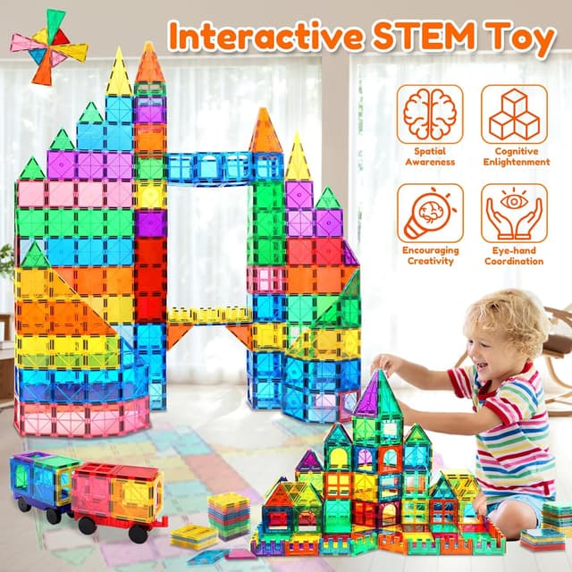 Detalle 2 de 100PCS Magnetic Tiles Set 3D Rainbow Castle, 2 Cars 🧩