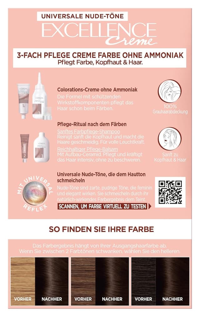 Detalle de L’Oréal Paris Excellence Creme Permanente Haarfarbe ohne Ammoniak – Universal Nudes, Nr. 3U Dunkelbraun (Braun), 1 Stück