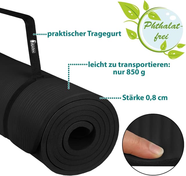 Detalle de ALPIDEX Yogamatte 183 x 60 x 0,8 cm – phthalatfreie Fitnessmatte mit rutschfestem Kautschuk und Tragegurt