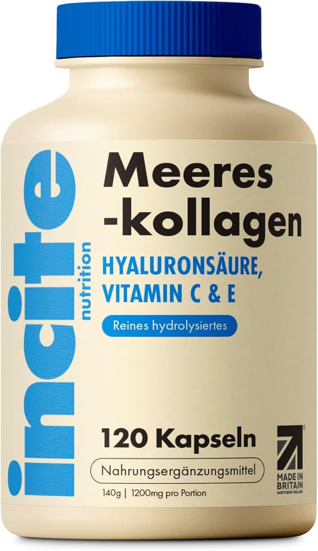Detalle de Incite Nutrition Meereskollagen Typ 1 hydrolysiert mit Vitaminen C, E, B12, Kupfer, Zink & Jod – 1.200 mg, 120 Stück