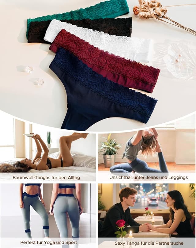 Detalle de INNERSY String Tanga Damen Spitze (6er Pack) aus Stretch-Baumwolle – Hipster Unterhosen