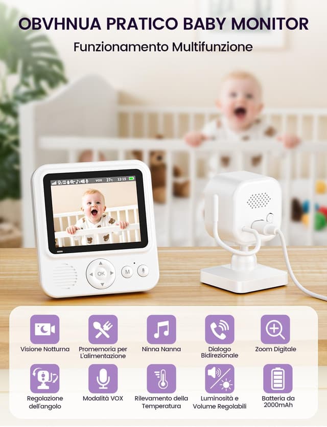 Detalle 2 de OBVHNUA Baby Monitor 2,8" 720P con visione notturna