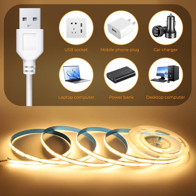 Detalle de 3m 5V USB COB LED Streifen (8 mm), selbstklebend, CRI 92, punktlos – Naturweiß 4000K mit 1,5 m USB-Kabel