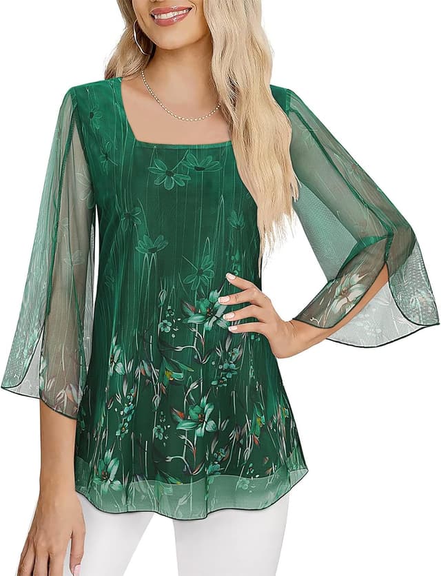 Detalle de Syphiby women’s chiffon square neck ruffle tunic top (3/4 sleeve, double layer mesh) M–3XL