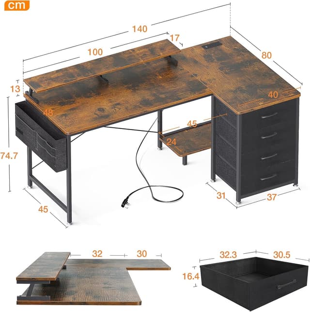 Detalle de ODK Corner Desk with Drawers (L-Shaped) 140x80cm, USB Charging Ports & Power Outlets, Rustic Brown