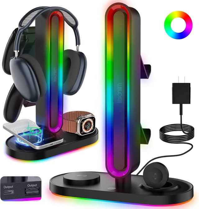Detalle de RGB Headset Stand with Wireless Charger (8-in-1 Charging Station) with 20W PD Adapter