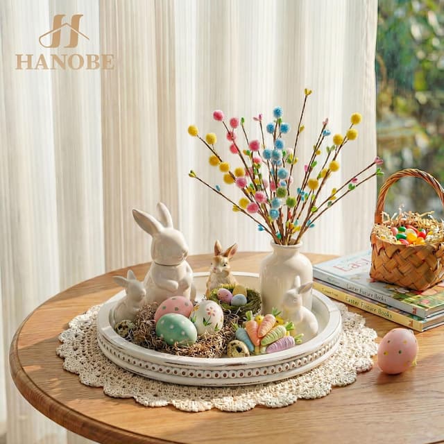 Detalle de Hanobe Round Wooden Tray for Coffee Table Decor 🟡