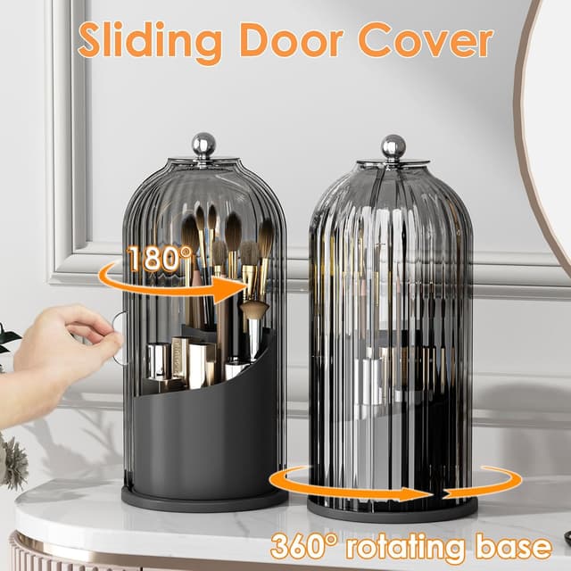 Detalle 2 de YOOLENS Makeup Brush Holder with Lid, 360° Rotating Clear Dustproof Organizer (Black)