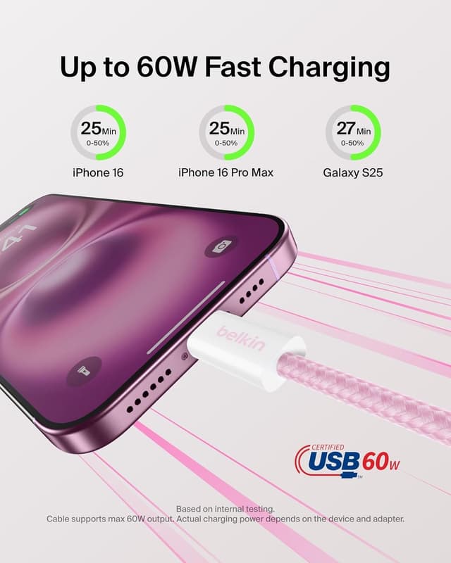 Detalle de Belkin USB-C to USB-C Cable 2-Pack (6.6ft) — 60W Fast Charging, Braided, Soft Pink