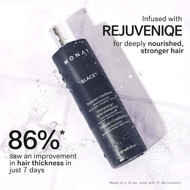Detalle de MONAT Black Shampoo + Conditioner 2-in-1 (All Hair Types) — Cleanses, Conditions, and Helps Support Stronger-Looking Hair, 8.0 fl oz