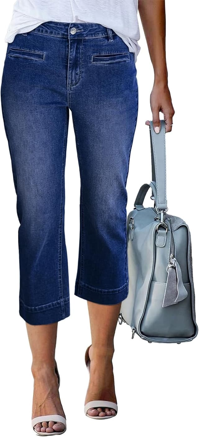 Detalle de luvamia Capri Jeans for Women — High-Waisted Slim Straight Stretch Denim Capris