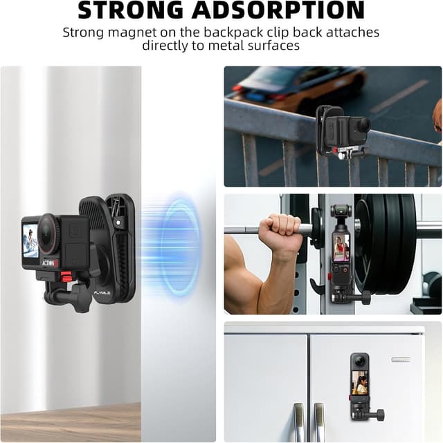 Detalle 2 de BRDRC Magnetic Rucksack-Halterung Clip für DJI Osmo Action 5/4/3, Insta360 X5 & GoPro Hero 13/12/11 – 360° drehbarer Clip