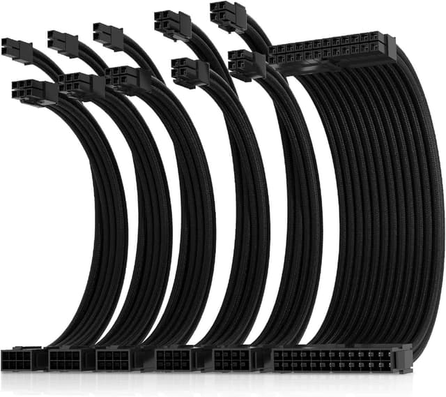 Detalle de AsiaHorse 16AWG PSU-Kabelverlängerungs-Set (Sleeved) für GPU/CPU, 24-Pin ATX / EPS (4+4) / PCIe (6+2), 30 cm, schwarz