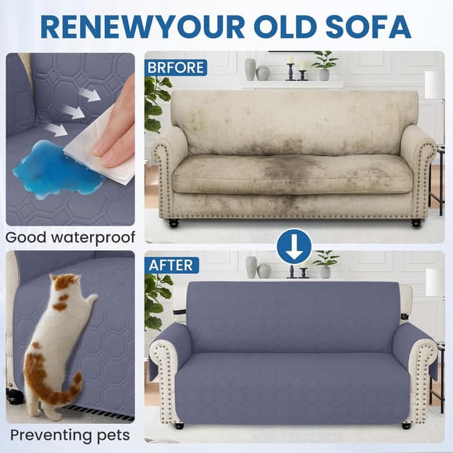 Detalle de Ystyle copridivano impermeabile 2 posti con braccioli, antiscivolo e tasche laterali, blu grigio