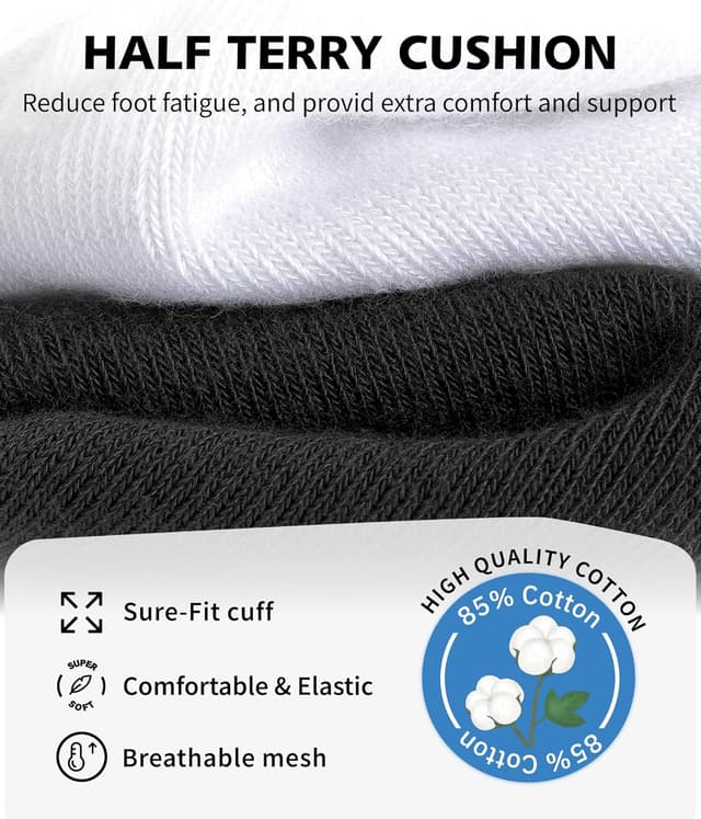 Detalle de CLOSEMATE Socquettes basses coton respirantes homme & femme (39-42 ou 43-46), blanc/noir, lot de 5 ou 10 paires