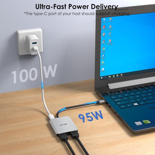 Detalle 2 de WAVLINK Dual USB-C to Dual HDMI Adapter (Dual 4K@60Hz with 100W Power Delivery) for Dell XPS, HP, Lenovo & Thunderbolt 3/4 laptops