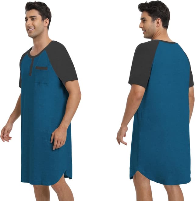 Detalle 2 de Enjoyoself Herren Nachthemd kurzarm aus Baumwolle mit Henley-Kragen