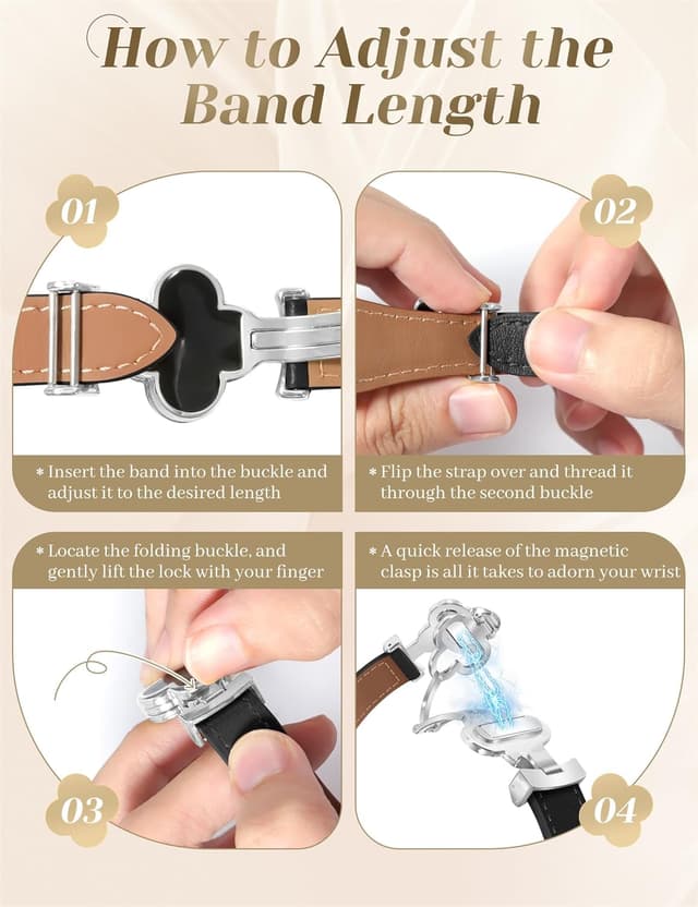 Detalle 1 de MOINSPIRE Designer Slim Leather Magnetic Watch Bands for Women (Four-Leaf Clover)