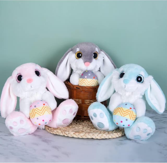 Detalle de My OLi Easter Rabbit Plush Toy, 8.5" Floppy-Eared Sitting Bunny with Easter Egg (Gray) – soft bedtime friend for kids