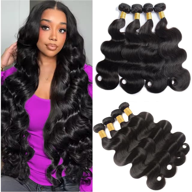 Detalle de Caplina 16A Brazilian Virgin Hair Body Wave Bundles (4 Bundles) – Unprocessed Natural Black, 16–20 Inches