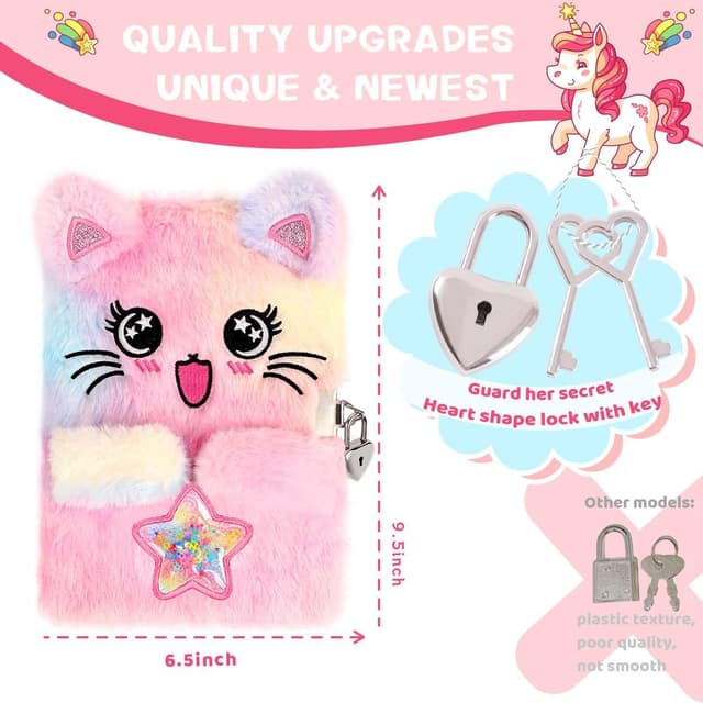 Detalle de PrinBarBee Cat Diary for Girls with Lock and Keys (Tie-Dye Fuzzy Hardcover Notebook, 160 Double-Sided Pages) — A Star-Cat