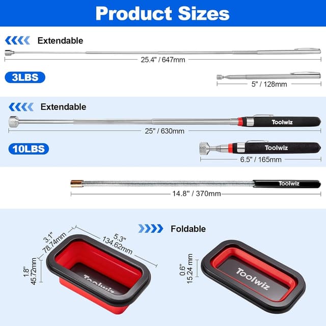 Thumbnail 6 de Toolwiz 4-teiliges magnetisches Aufnahmewerkzeug-Set mit teleskopischen Magnetstäben und faltbarer Teileschale