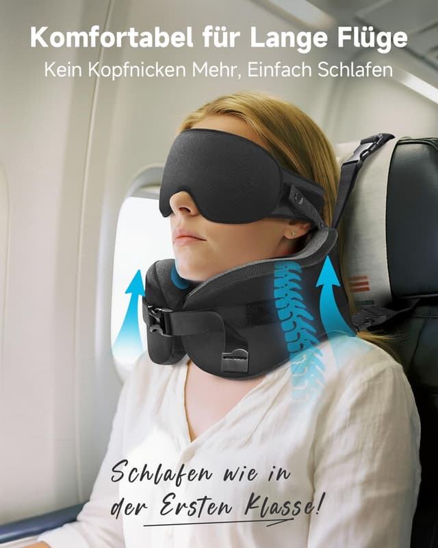 Detalle de Umisleep Nackenkissen Flugzeug mit 3D-Schlafmaske und Memory Foam – 360°-Stütze für Kopf & Nacken, Schwarz
