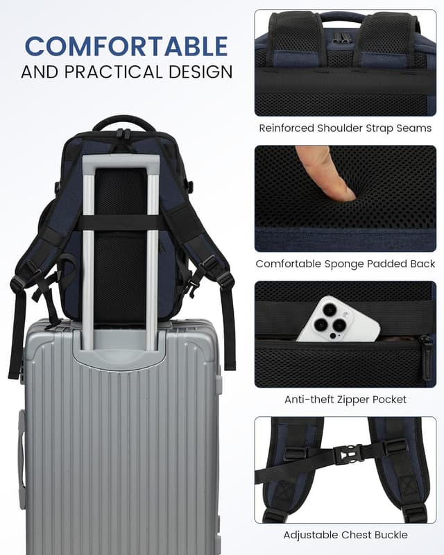 Detalle de LOVEVOOK Handgepäck Rucksack 40x30x20 cm – 14‑Zoll Laptopfach & Ryanair-kompatible Maße (dunkelblau)