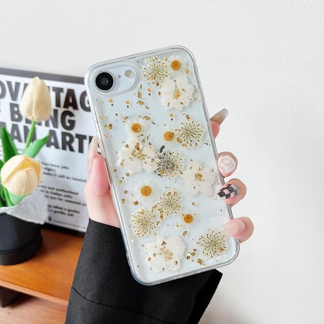 Detalle de Riccase Clear iPhone 16e Case with Real Dried Flower – Shockproof TPU Bumper (White Flower)