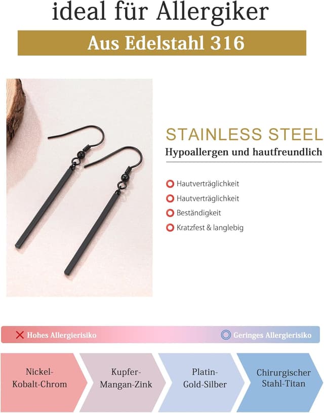 Detalle de FindChic Stab Ohrringe aus Edelstahl – lange, hängende Minimal-Statement-Tropfen in Schwarz/Gold/Silber