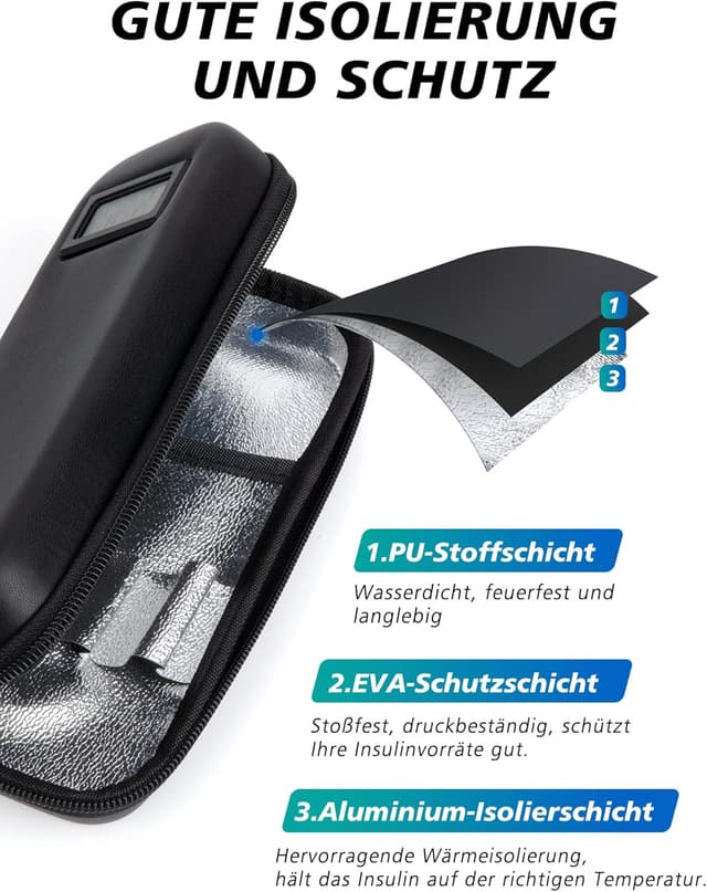 Detalle de YOUSHARES Insulin Pen Tasche mit 2 TSA-Kühlakkus (schwarz) – kleine Kühlbox für Spritzen & GLP-1-Zubehör