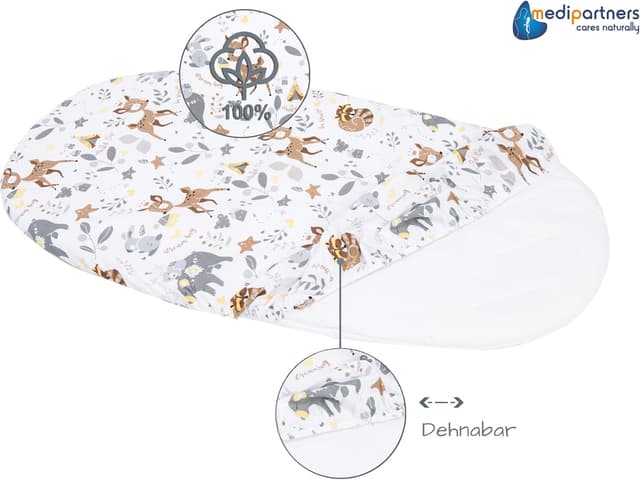Detalle de Medi Partners Baby Spannbettlaken für Kinderwagen & Stubenwagen (86x40) – 3er-Set aus 100% Baumwolle, Reh-Weiß-Grau