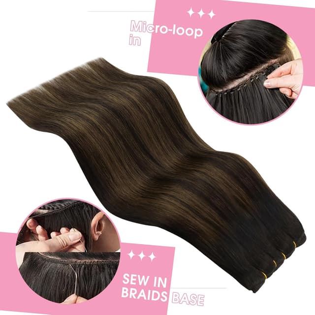 Detalle de YoungSee Echthaar Tressen Braun – Weft Extensions in Dunkelbraun zum Einnähen, 50 cm, 100 g
