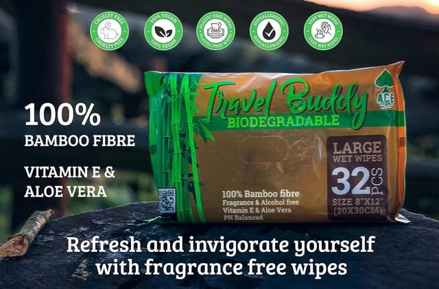 Detalle de Ace Travel Buddy Large Body Wet Wipes (No Rinse) – 32 Bamboo Wipes for Gym, Travel, Camping & Showers