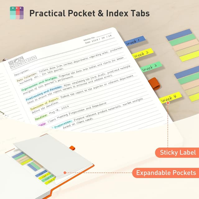 Detalle de Smarpau 320 Pages College Ruled Notebook (B5, 19 x 25 cm) – Orange hardcover leather-style journal with index tabs