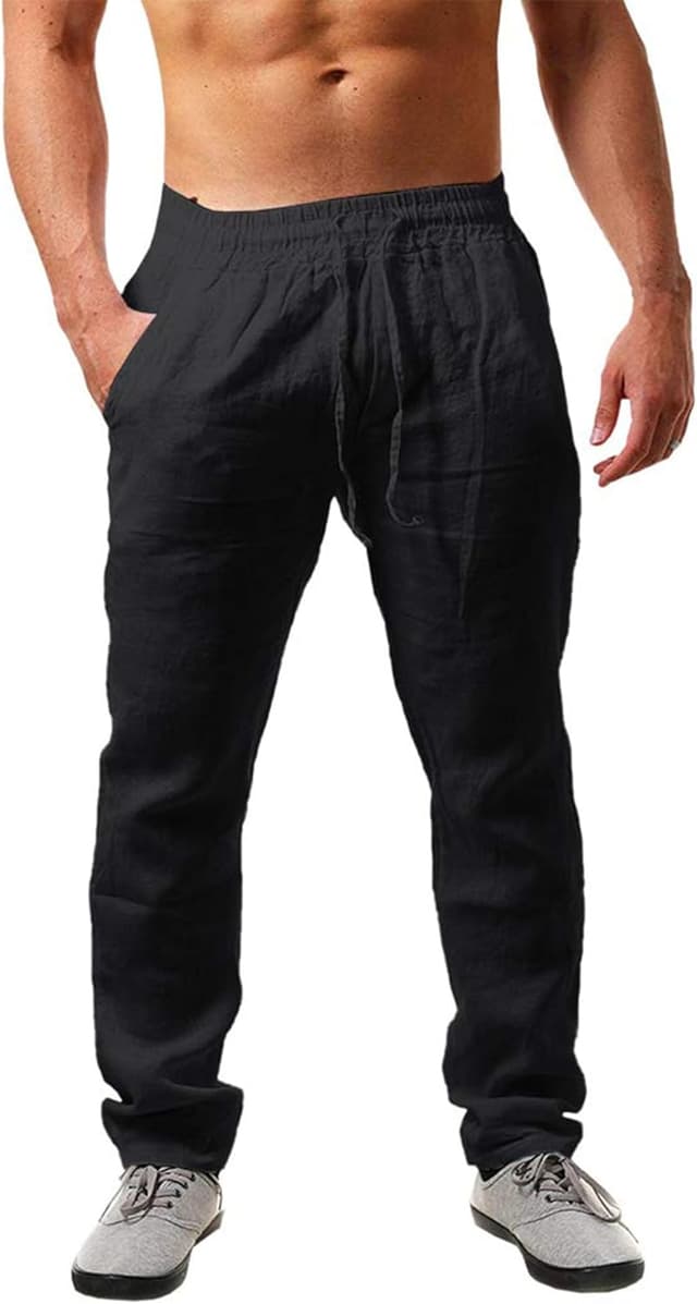 Detalle de NEMXCE Leinenhose Herren (Lang, Loose Fit) mit Taschen & Kordelzug – leichte Sommerhose für Urlaub, Strand & Alltag