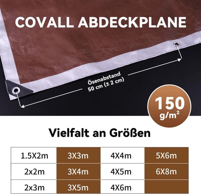 Detalle de COVALL Abdeckplane Fertigmaß 2x3 m mit Ösen – wasserdicht 150 g/m², UV-stabil und reißfest