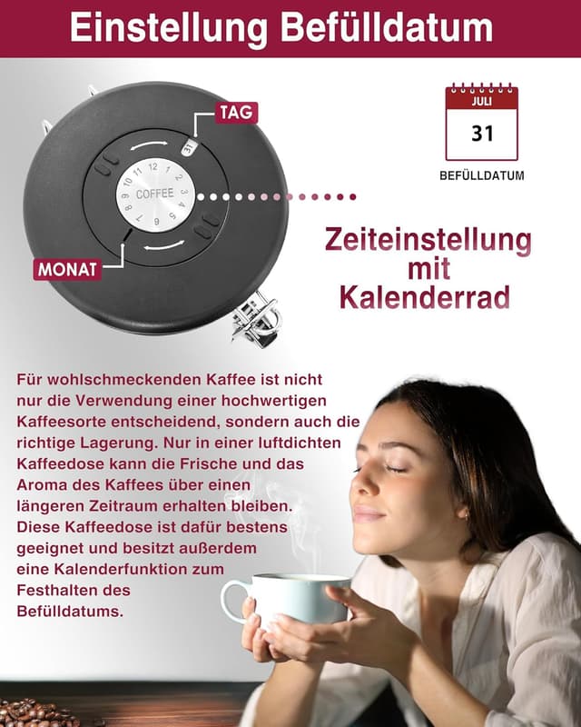 Detalle de Pro@Home43® Kaffeedose luftdicht mit Kalenderfunktion, Edelstahl, 1,5 l – weiß