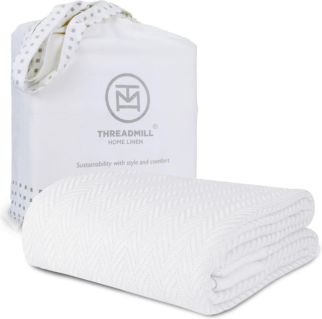 Detalle de Threadmill Luxury Cotton Blanket (Queen) — 100% Cotton Herringbone Throw, White, 90x92 inches